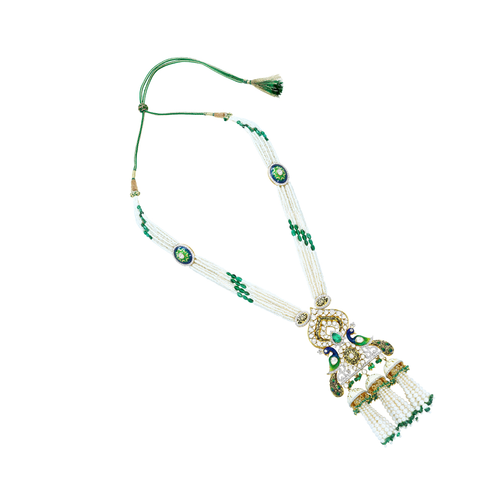 Pearl and Emerald Necklace Set with Polki and Peacock Motifs